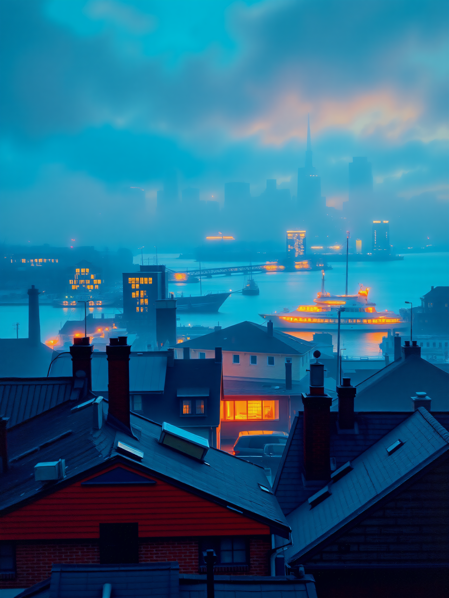 Misty Cityscape Sunset with Orange Glow, cityscape, misty, sunset, urban, blue orange, aesthetic