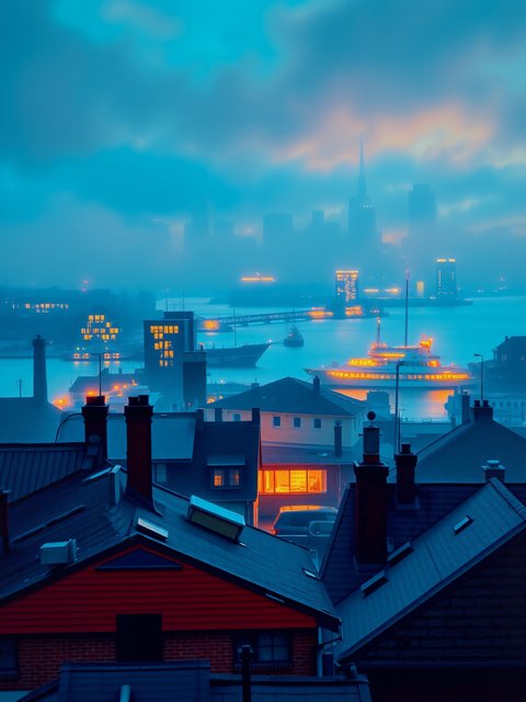 Misty Cityscape Sunset with Orange Glow