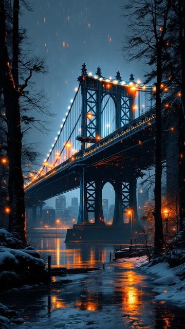 Winter City Bridge Lights at Night Wallpaper