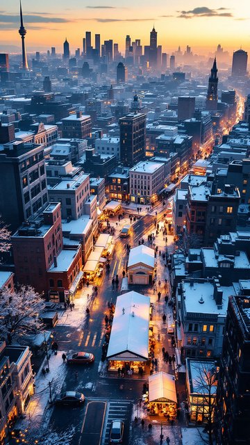Winter Cityscape Sunset Wallpaper, Snowy Streets