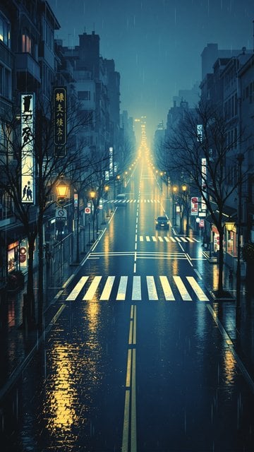 Rainy Night City Street Anime Wallpaper
