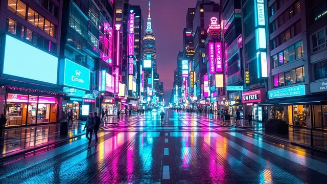 Neon Cyberpunk Tokyo City Street Reflections