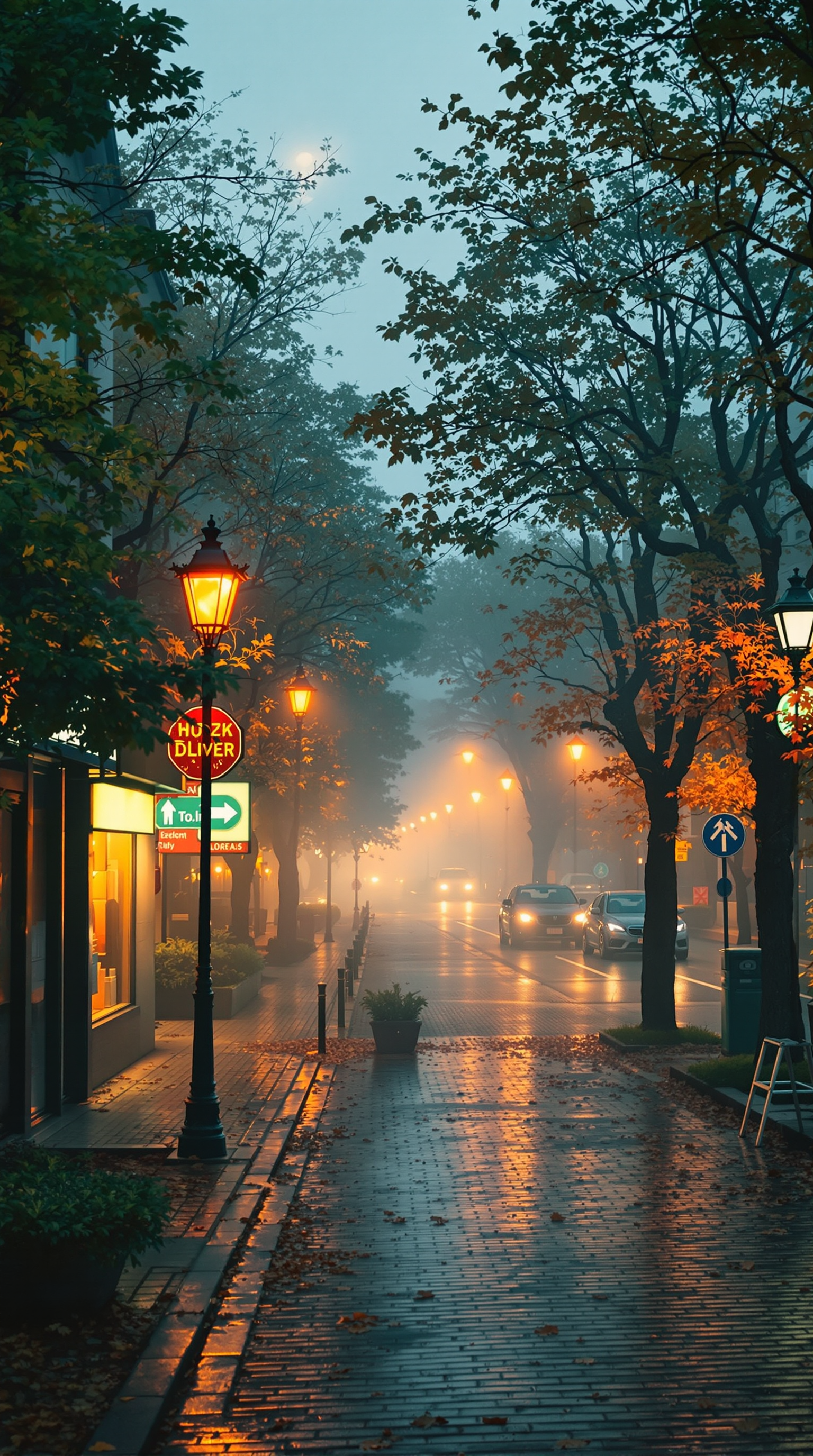 Misty Autumn City Street at Dusk with Lamps, misty street, autumn city, evening fog, street lamps, wet pavement, cozy aesthetic