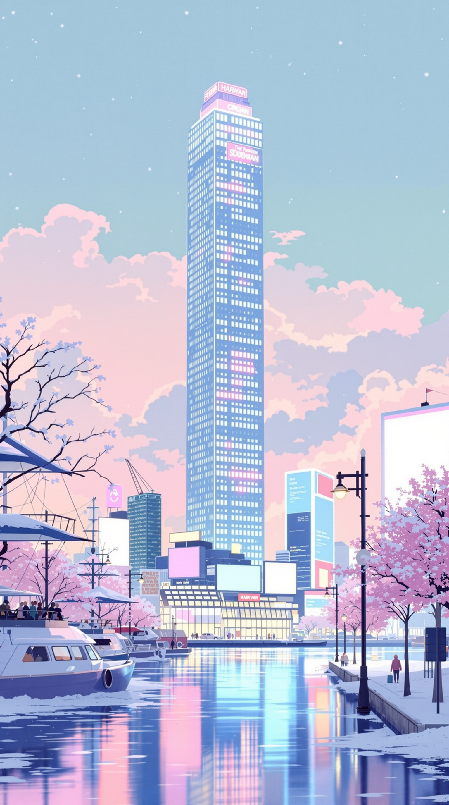 Pastel Cityscape with Cherry Blossoms and Canal, cityscape, pastel, cherry blossoms, canal, sky blue, pink