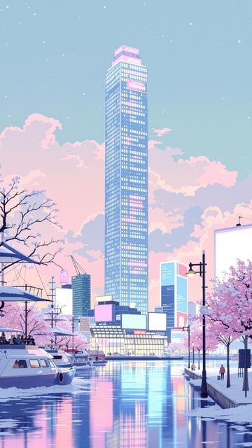 Pastel Cityscape with Cherry Blossoms and Canal