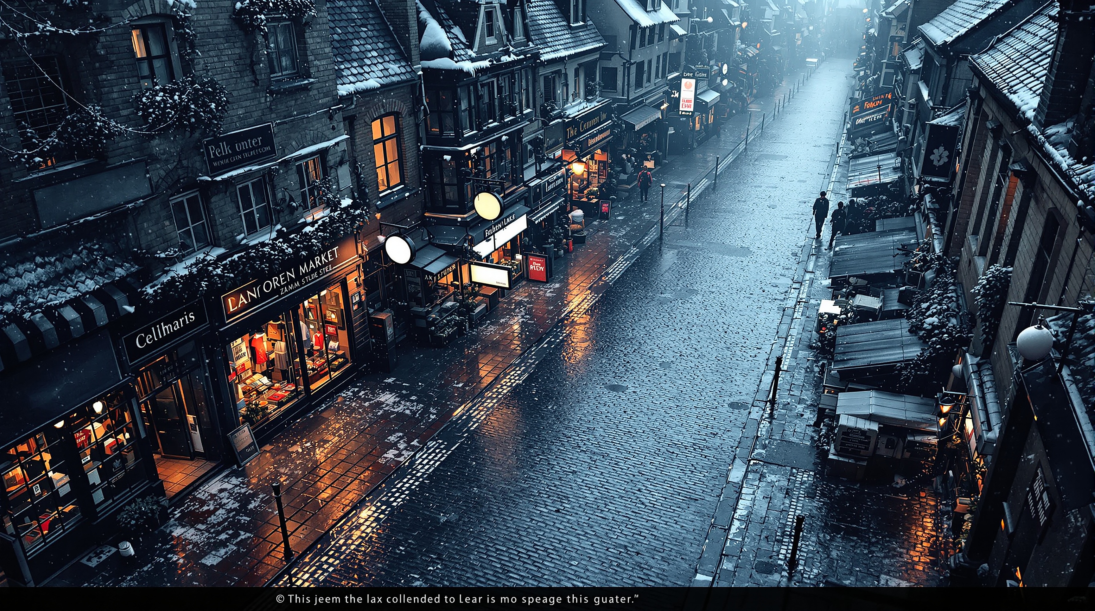 Snowy Cobblestone Street with Warm Shop Lights, snowy street, winter city, cobblestone, warm lights, night street, cozy aesthetic