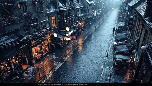 Snowy Cobblestone Street with Warm Shop Lights