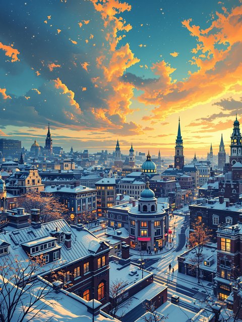 Winter City Sunset Anime Wallpaper