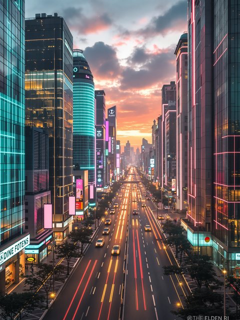 Vibrant Neon Cityscape Sunset Highway Wallpaper