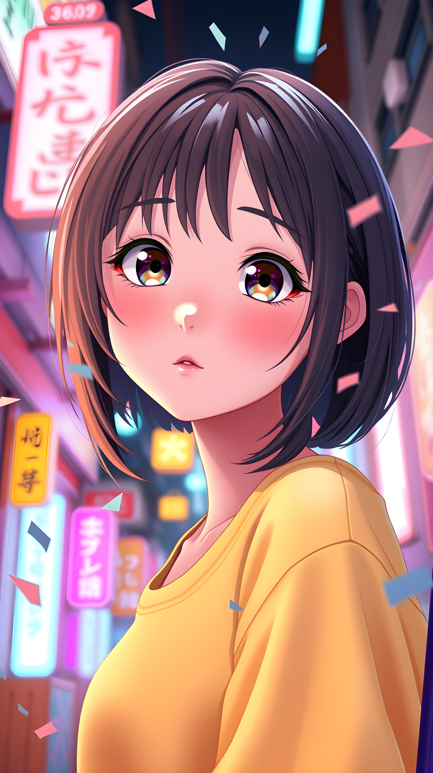 Anime Girl Neon City Night, Cute Aesthetic Wallpaper, anime girl, cute, neon city, kawaii, vibrant, digital art