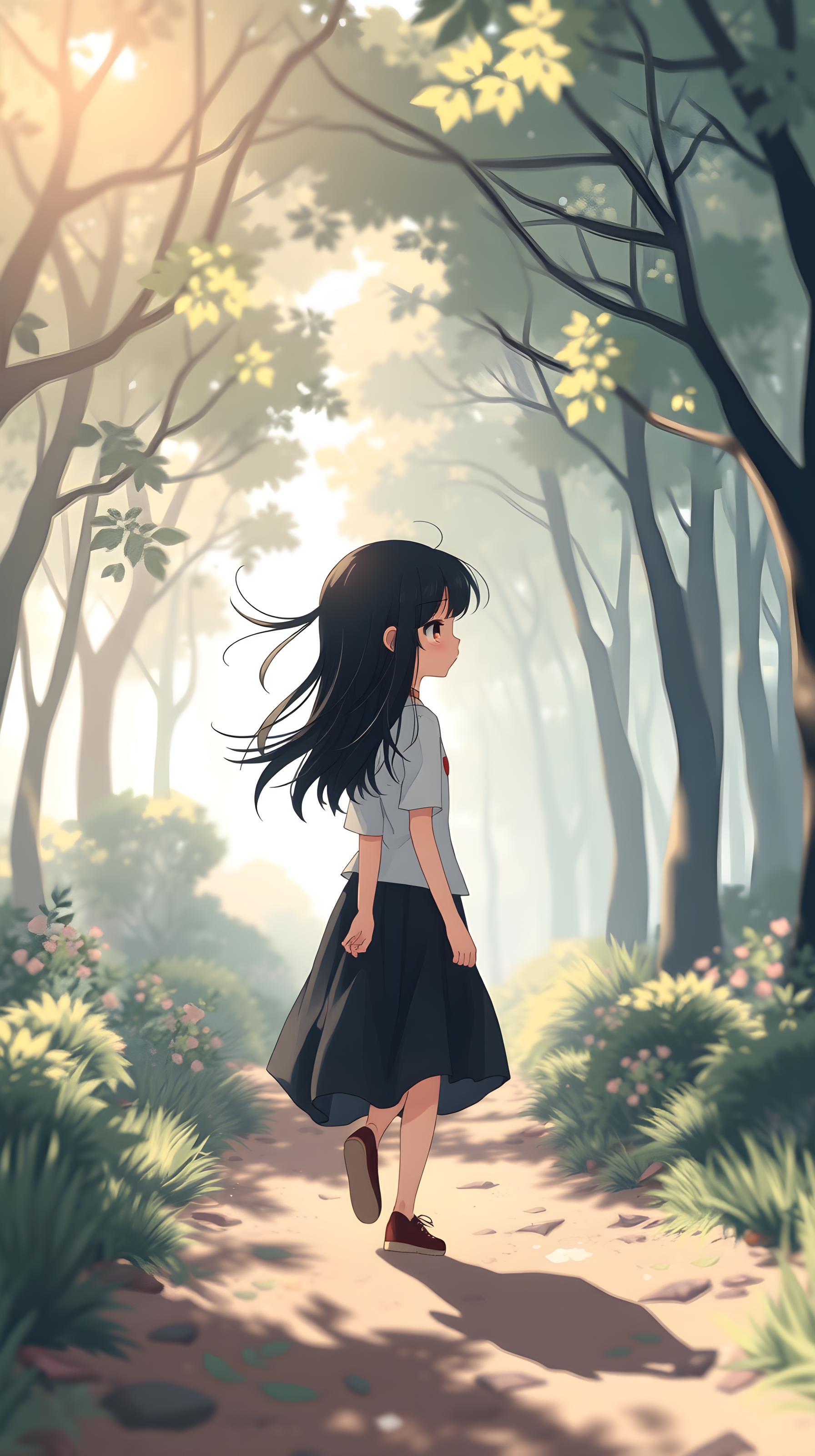 Anime Girl Walking Forest Path Golden Hour Wallpaper, anime girl, forest path, golden hour, sun dappled, peaceful, serene