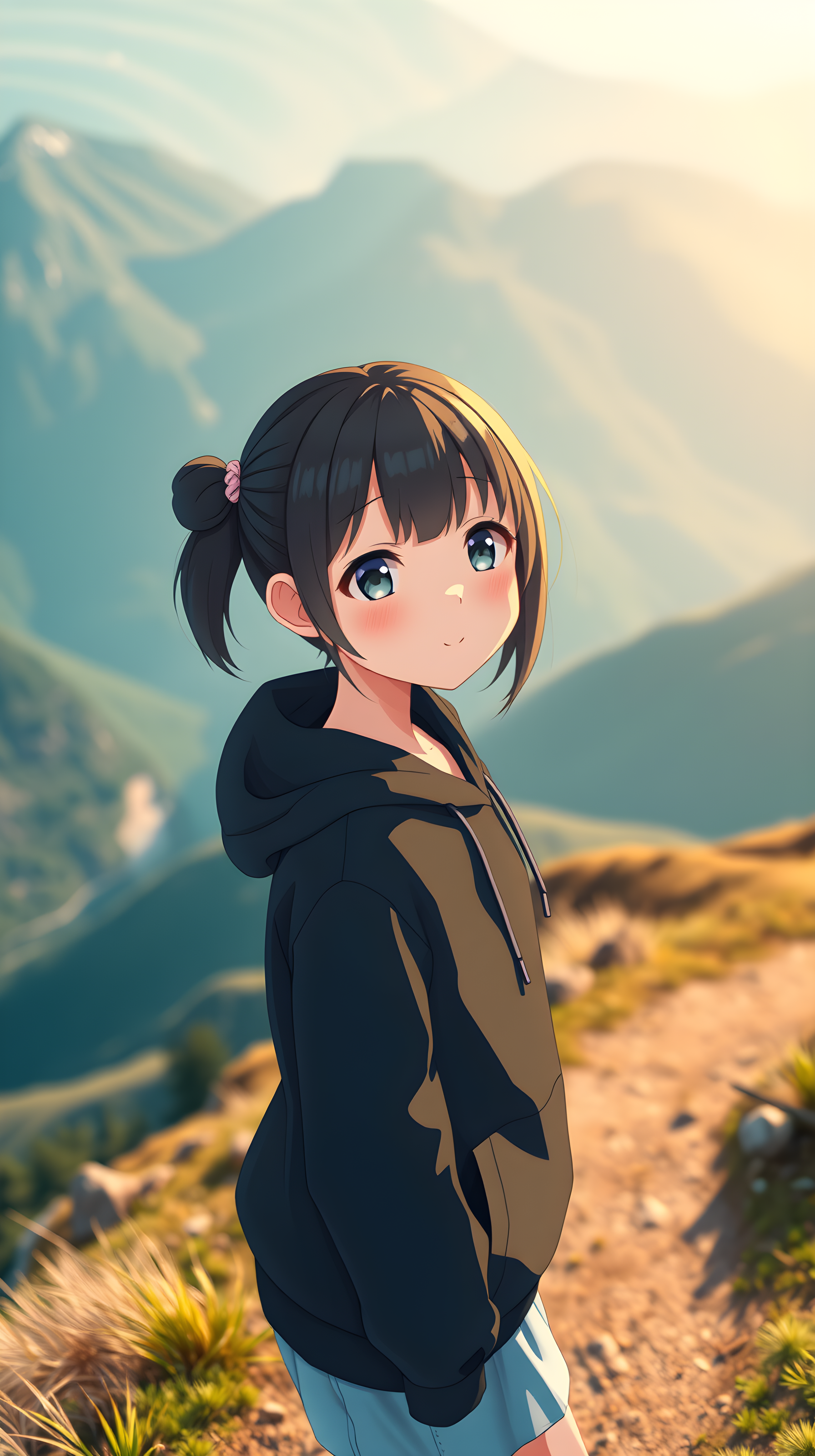 Cute Anime Girl on Scenic Mountain Path at Golden Hour, anime girl, cute, mountain path, golden hour, nature, scenic