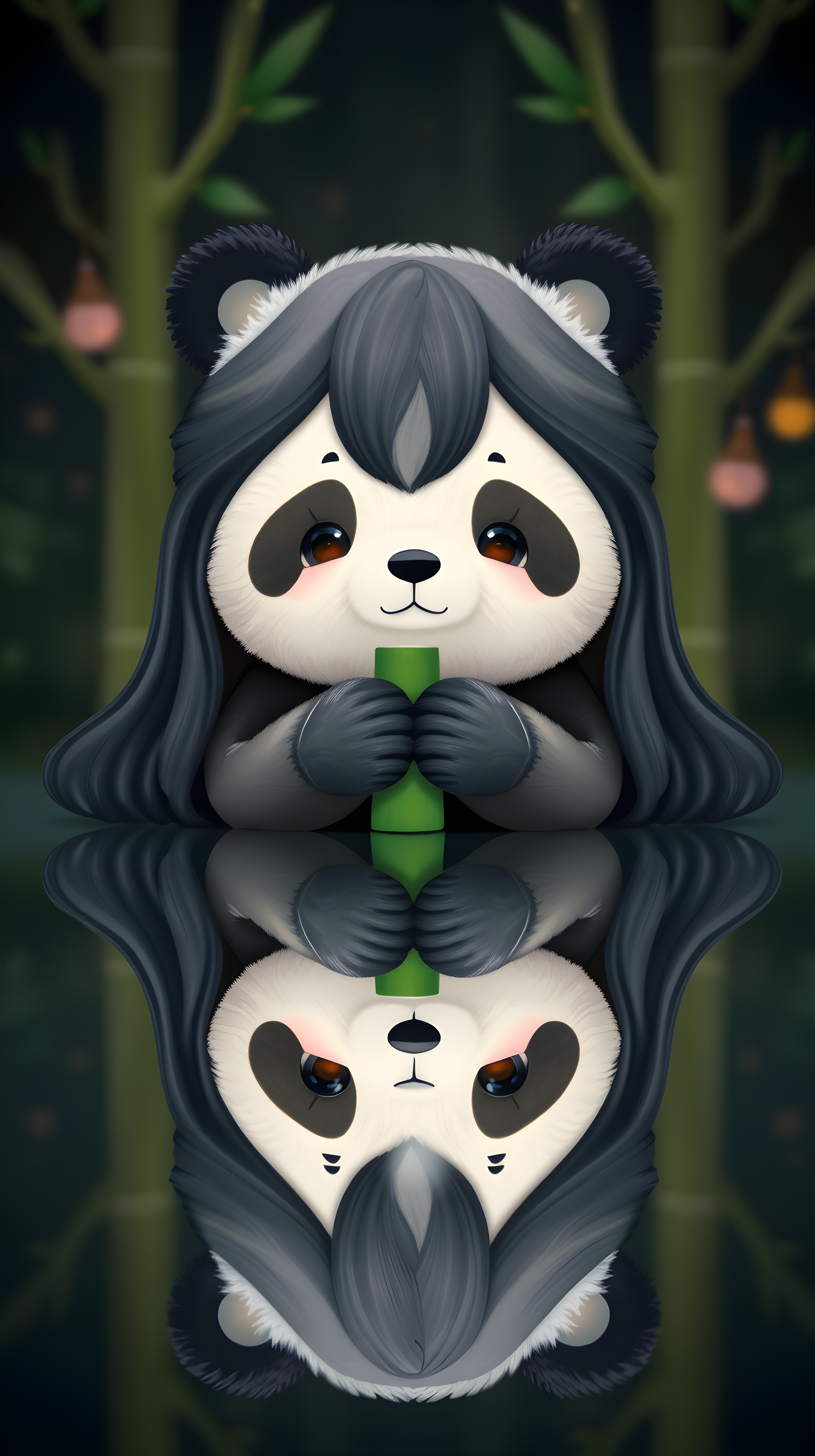 Cute Panda with Bamboo Reflection Wallpaper, cute panda, bamboo wallpaper, reflection art, kawaii, phone background, animal illustration