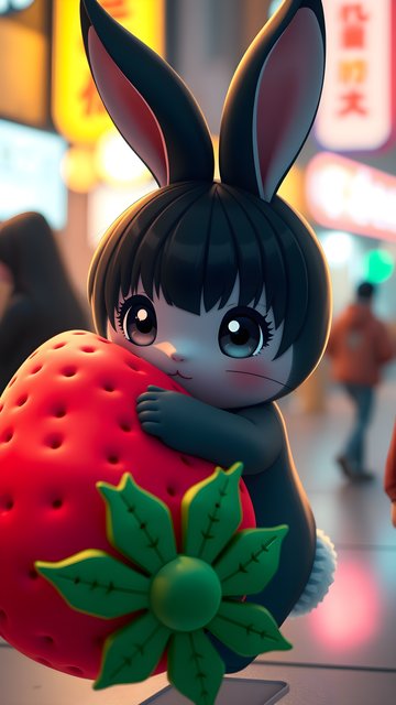 Cute Bunny Character with Giant Strawberry, City Lights