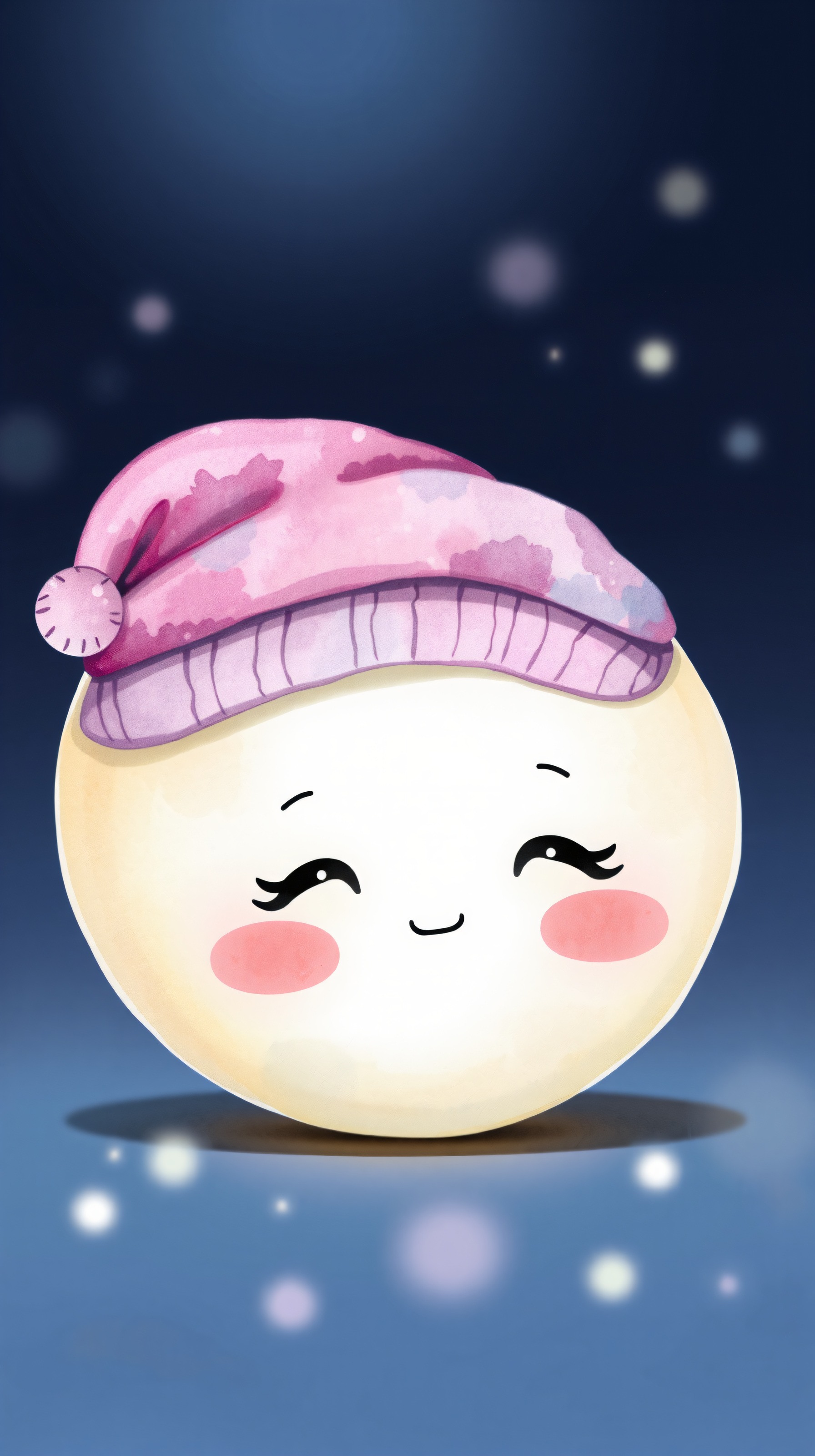 Cute Sleepy Moon in Pink Hat Dreamy Night Sky Wallpaper, cute, moon, sleepy, cartoon, pink hat, night sky