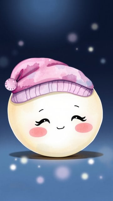 Cute Sleepy Moon in Pink Hat Dreamy Night Sky Wallpaper