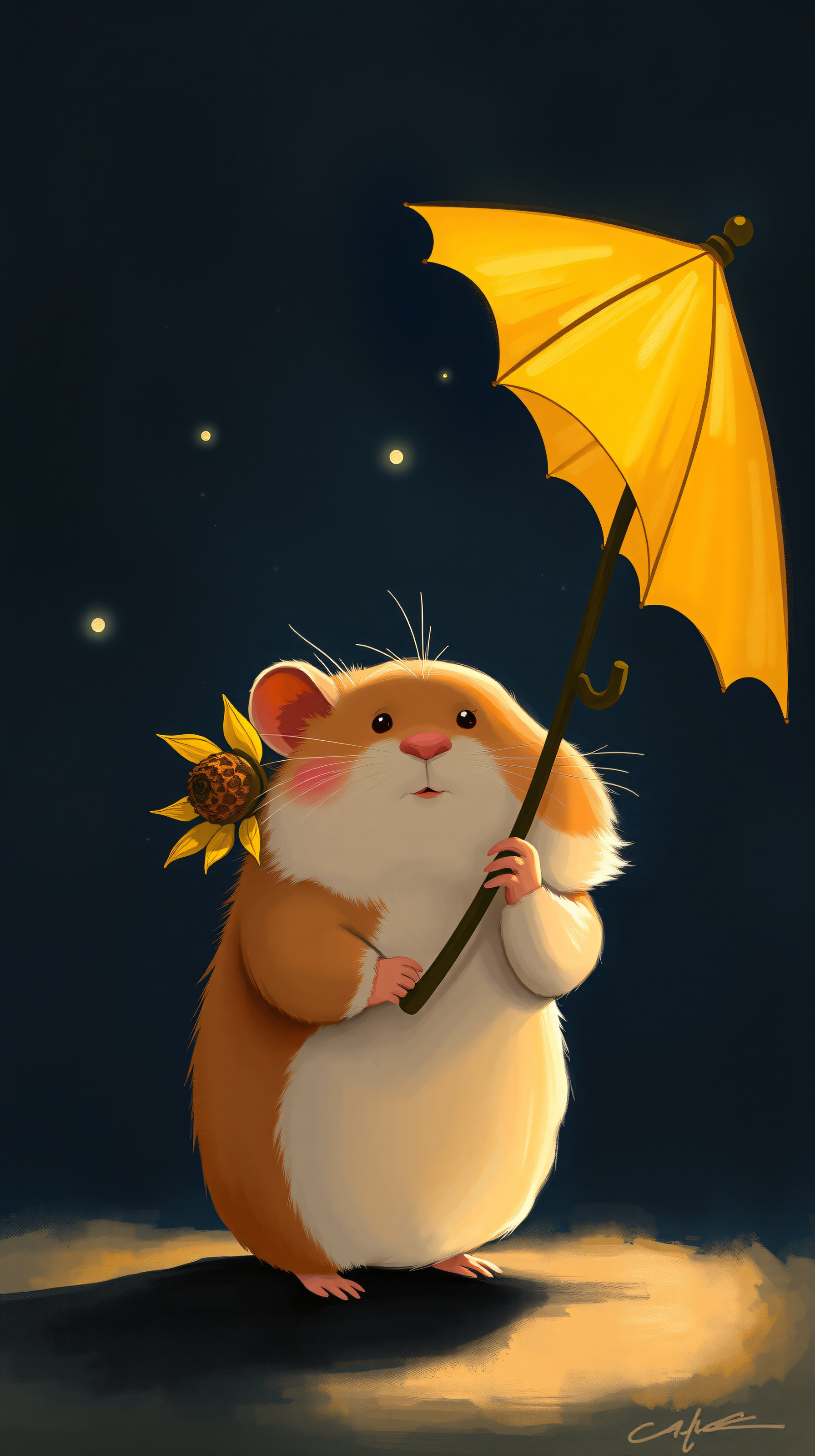 Cute Hamster with Yellow Umbrella & Sunflower Art, hamster, cute, umbrella, sunflower, animal art, digital illustration