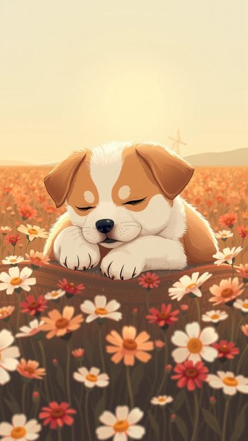 Cute Sleeping Puppy in Golden Flower Field Wallpaper