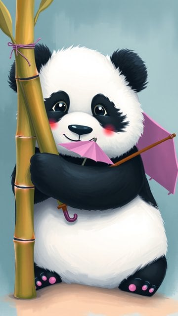 Adorable Baby Panda with Pink Umbrellas Wallpaper