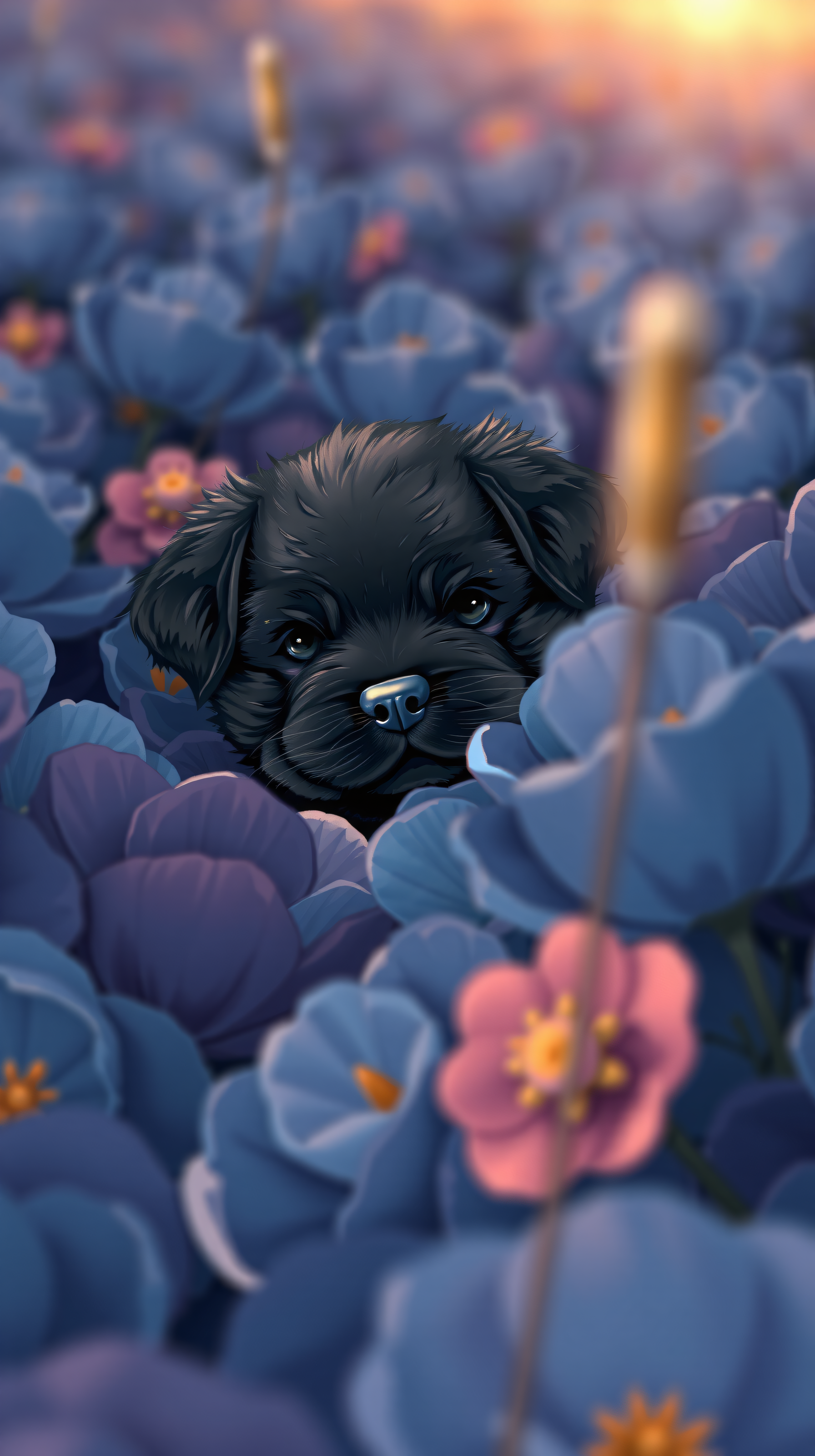Cute Black Puppy in Blue & Pink Flowers, cute puppy, black dog, blue flowers, pink flowers, floral, dreamy