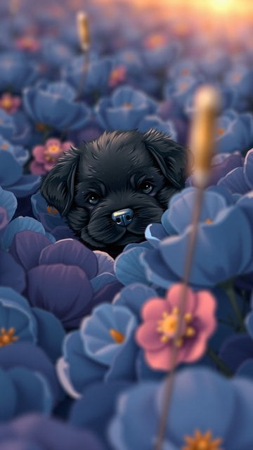 Cute Black Puppy in Blue & Pink Flowers