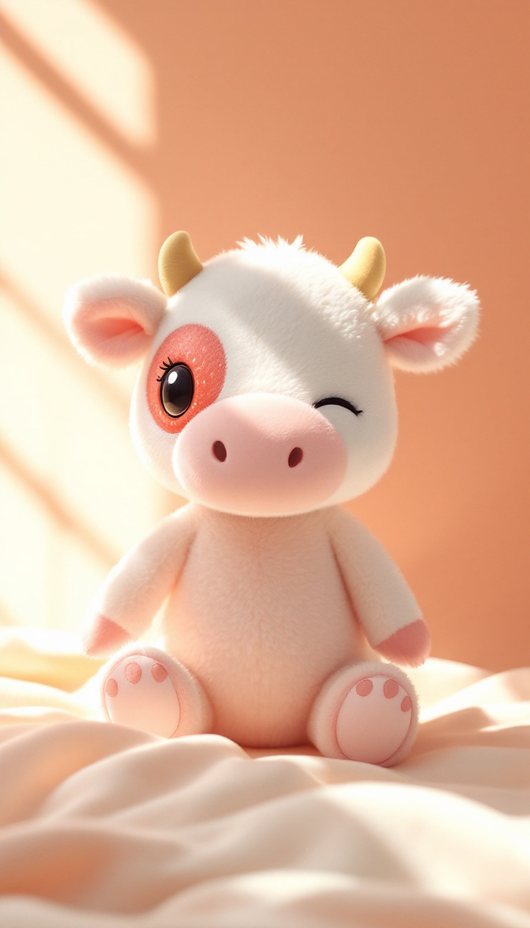 Cute Winking Cow Plushie Pink Aesthetic Wallpaper, cute cow, plushie, stuffed animal, pink aesthetic, kawaii, winking