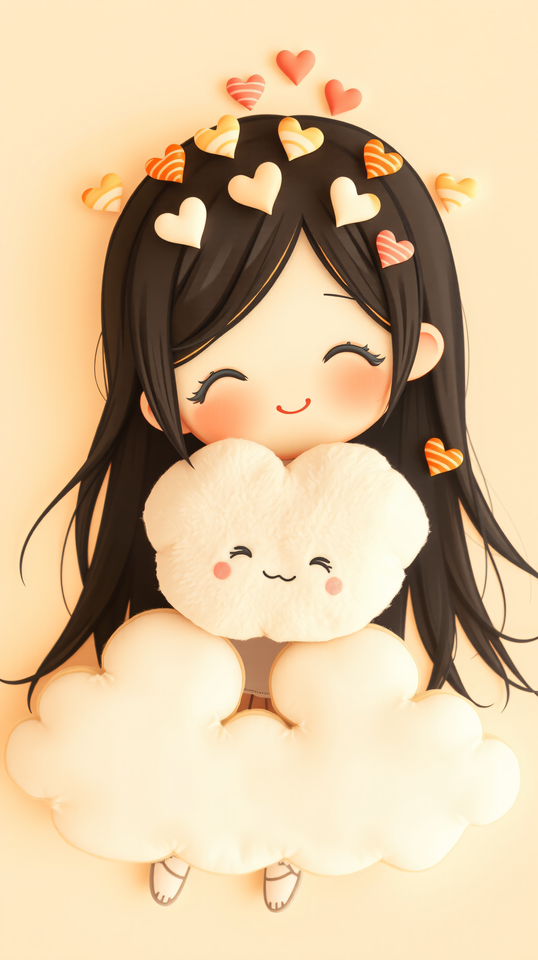 Cute Anime Girl with Cloud Plushie & Hearts, cute wallpaper, anime girl, kawaii, cloud plushie, hearts, pastel aesthetic