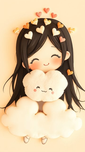 Cute Anime Girl with Cloud Plushie & Hearts