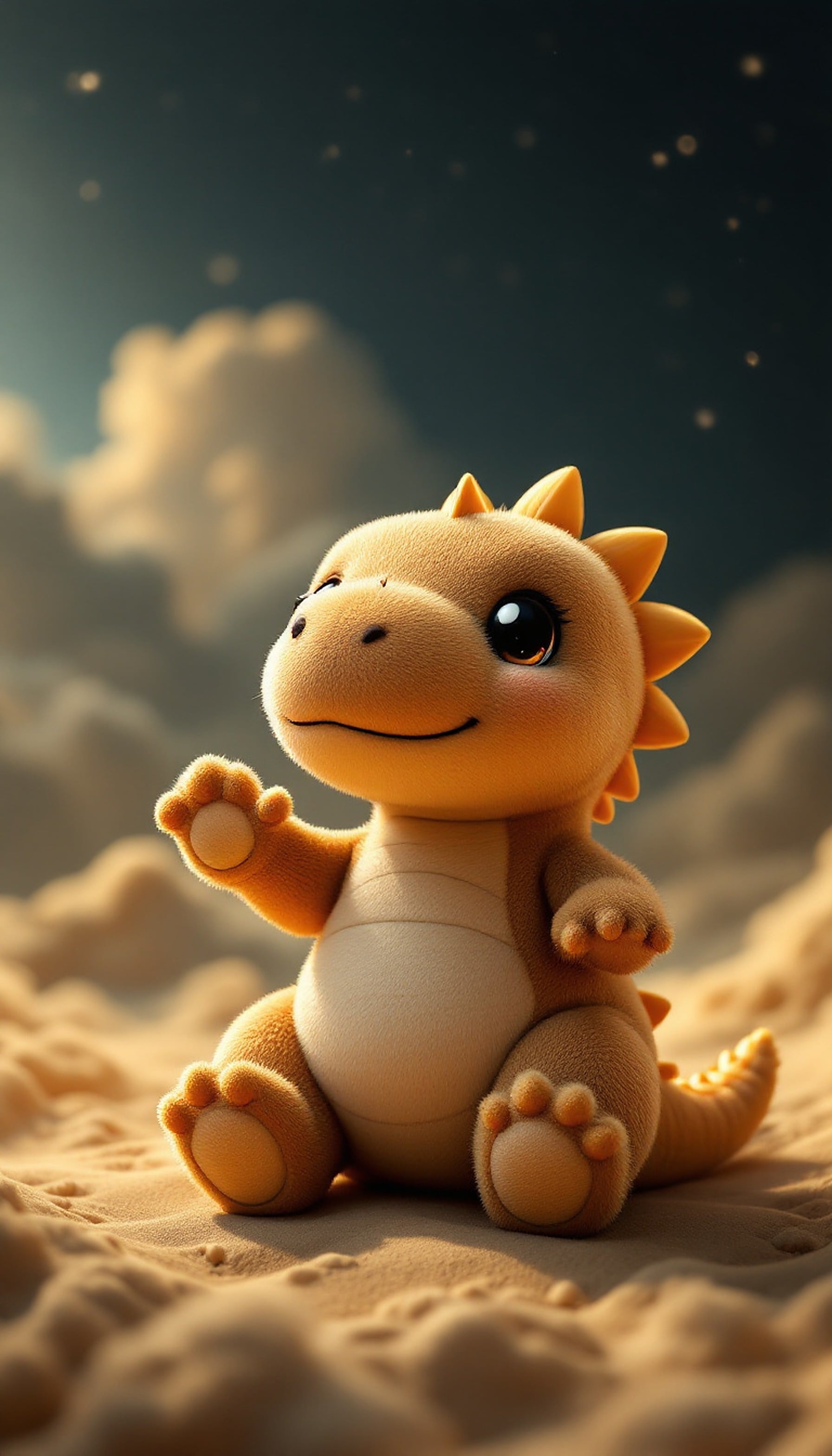Cute Fluffy Baby Dragon on Sand Wallpaper, cute dragon, fluffy dragon, baby dragon, kawaii, 3d render, orange