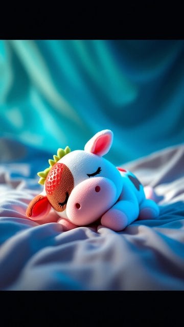 Cute Strawberry Cow Plushie on Soft Blanket