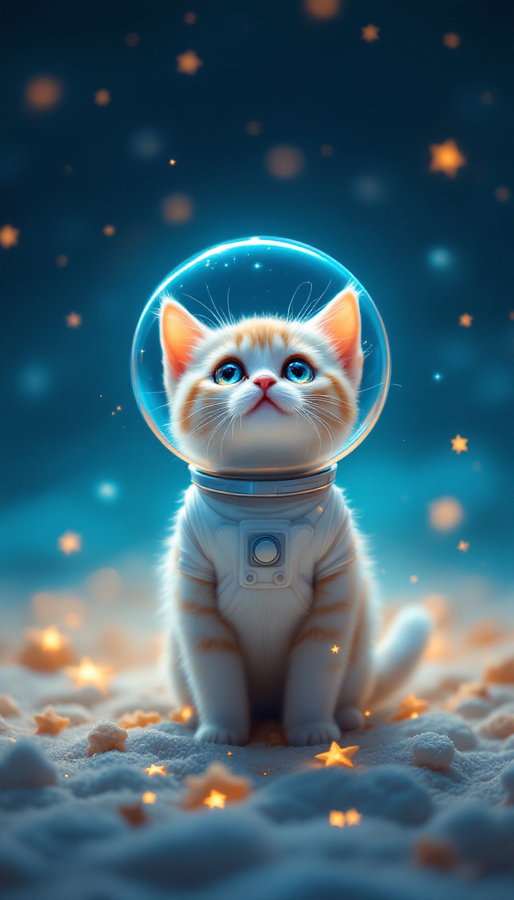 Adorable Space Kitten with Starry Glow, cute cat, astronaut kitten, space animal, starry night, blue eyes, orange glow