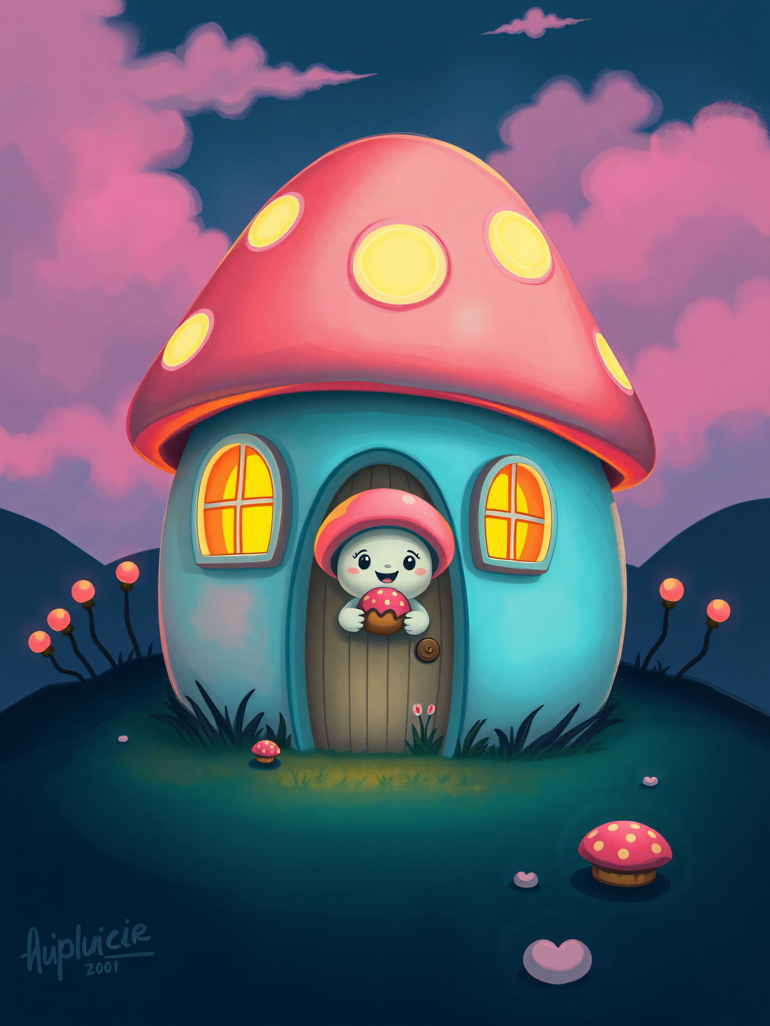 Cute Mushroom House with Character at Sunset, cute, mushroom house, fantasy, sunset, pink clouds, teal