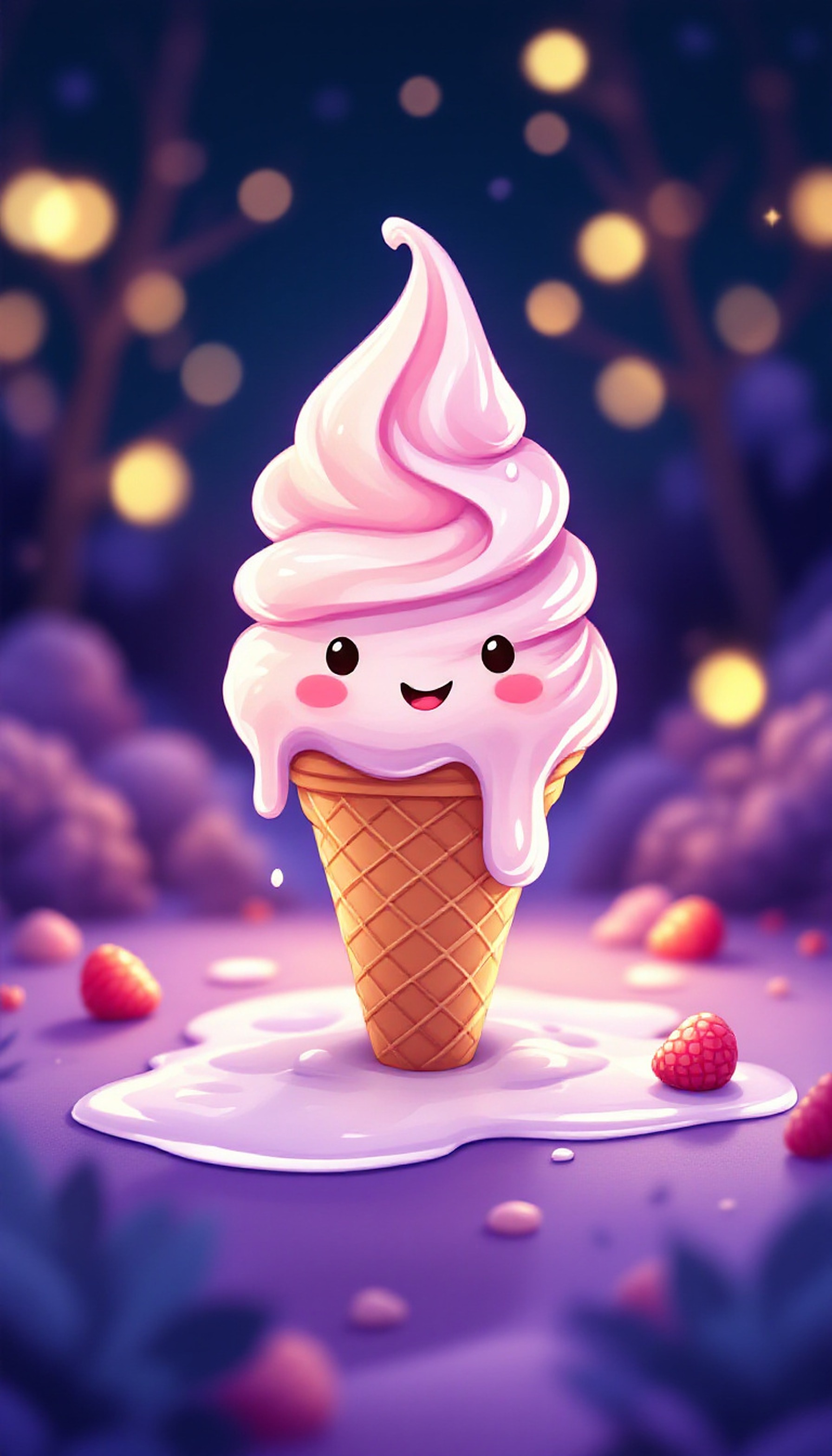 Cute Melting Ice Cream Cone Kawaii Wallpaper, cute wallpaper, ice cream cone, kawaii, melting ice cream, pink, purple