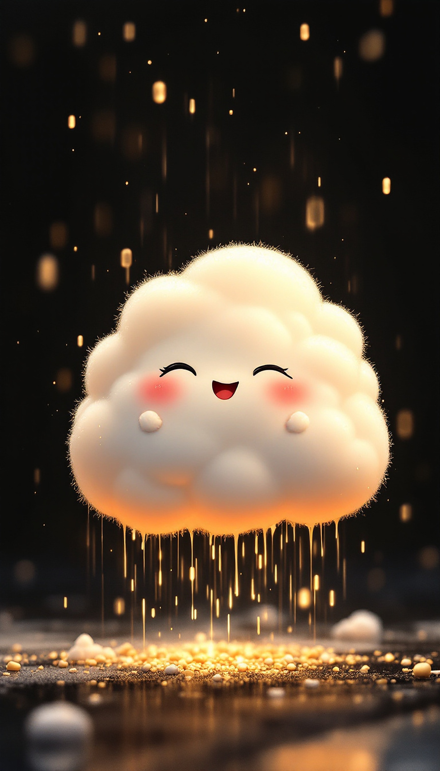 Cute Happy Cloud Raining Gold Dust Mobile Wallpaper, cute cloud, golden rain, kawaii wallpaper, happy cloud, gold dust, dark background