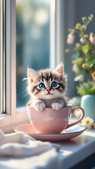 Adorable Blue-Eyed Kitten in Pink Teacup