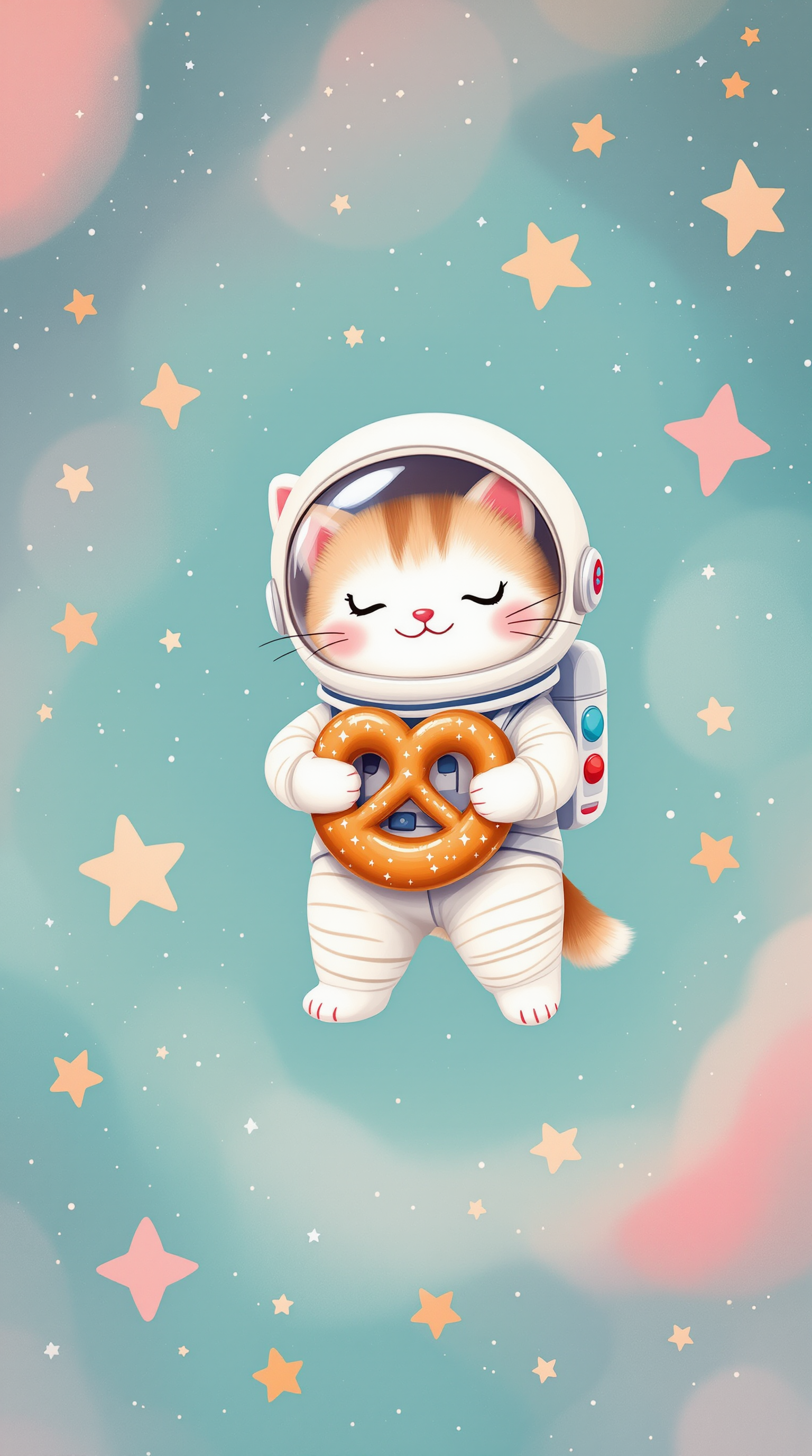 Cute Astronaut Cat with Pretzel Space Wallpaper, cute cat wallpaper, astronaut cat, space kitten, pretzel, pastel space, kawaii animal