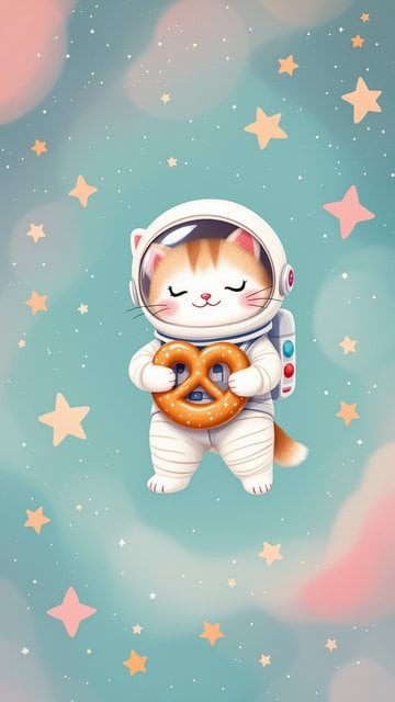Cute Astronaut Cat with Pretzel Space Wallpaper
