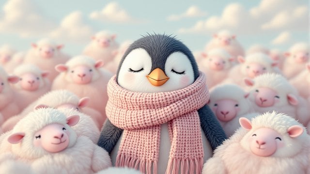 Cute Penguin with Scarf and Fluffy Sheep Wallpaper