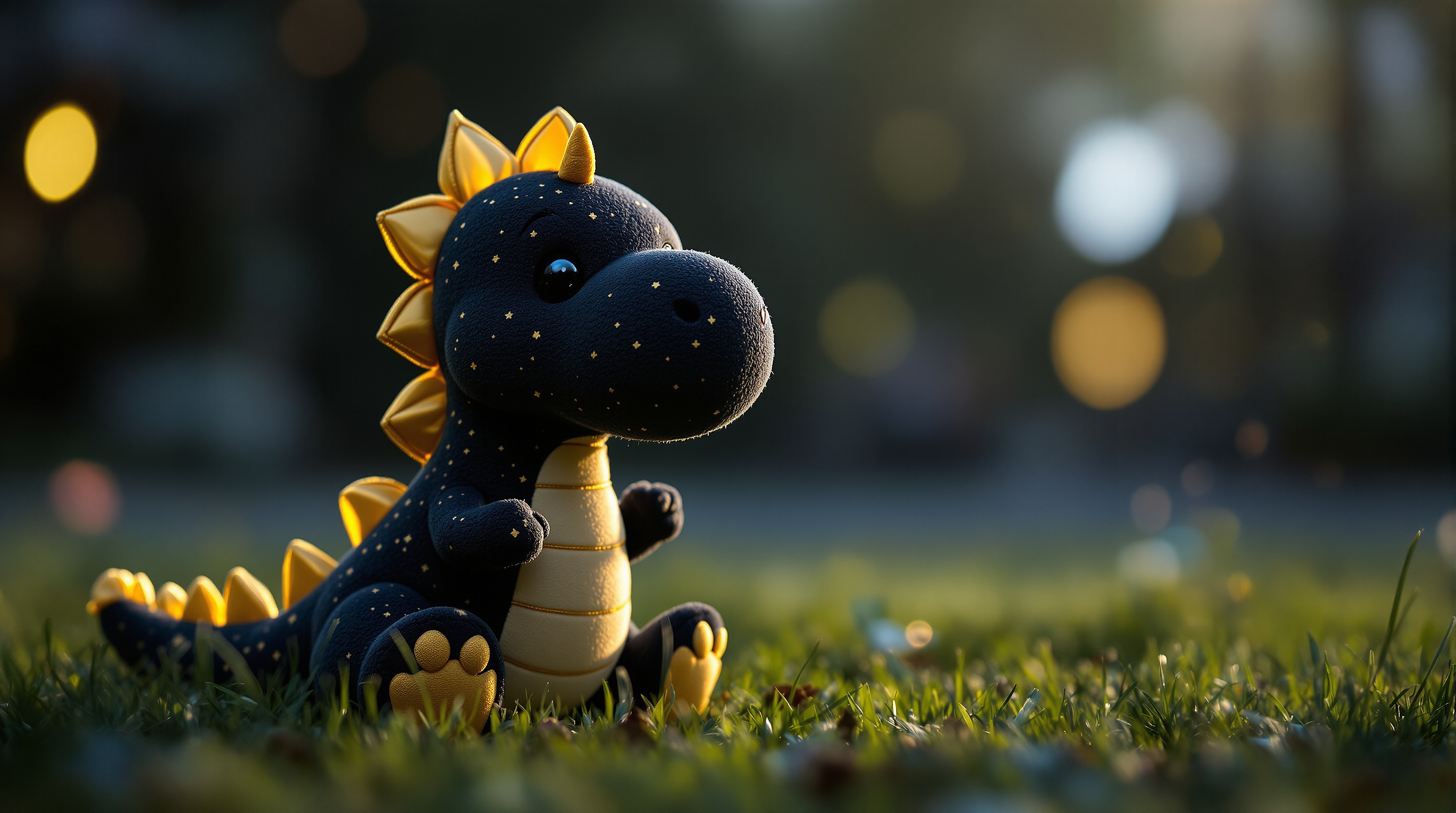 Cute Stardust Dragon Plushie Wallpaper, cute dragon, plush toy, stardust dragon, golden stars, navy blue, green grass