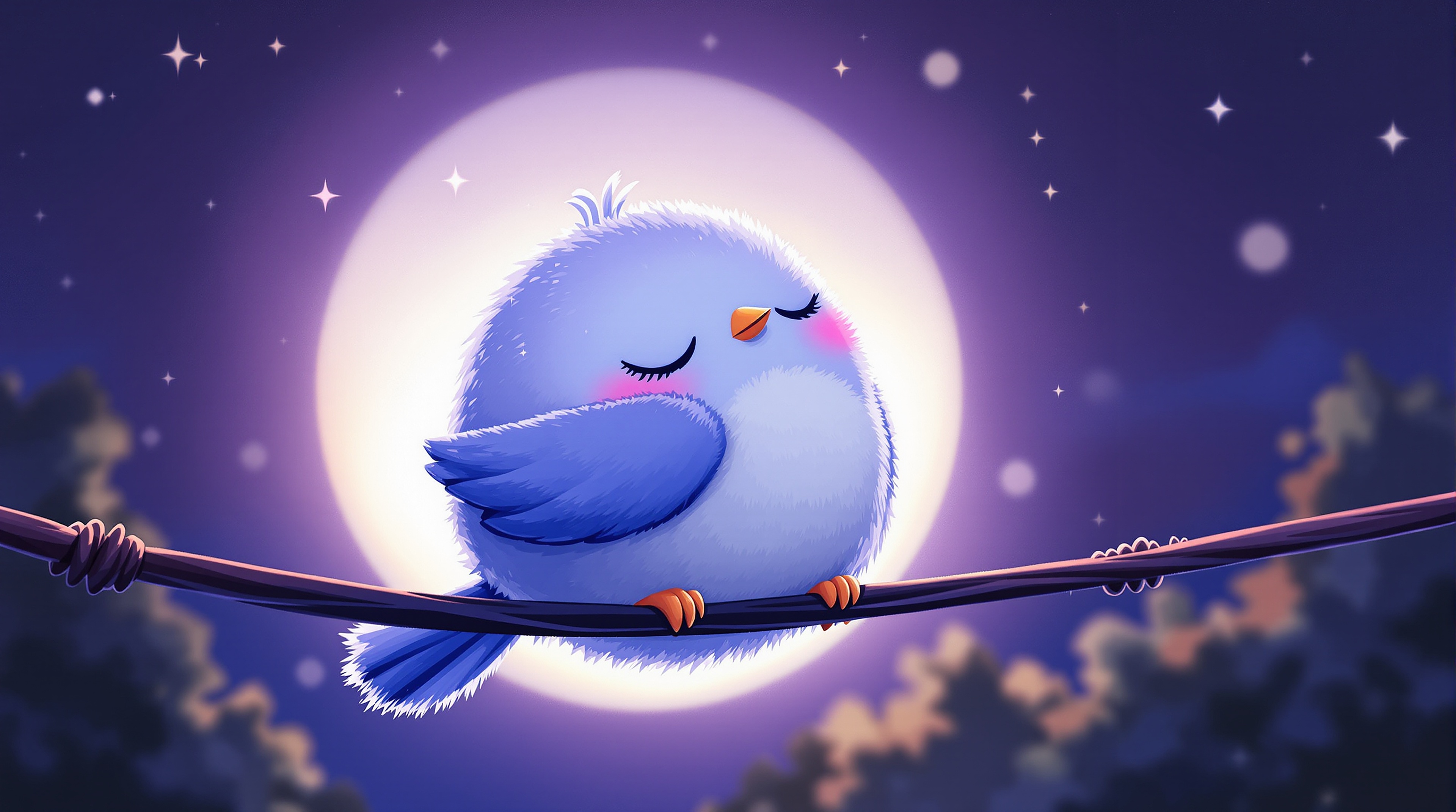 Cute Sleeping Bird on Branch, Purple Night Sky, cute bird, sleeping bird, purple night, full moon, stars, cartoon