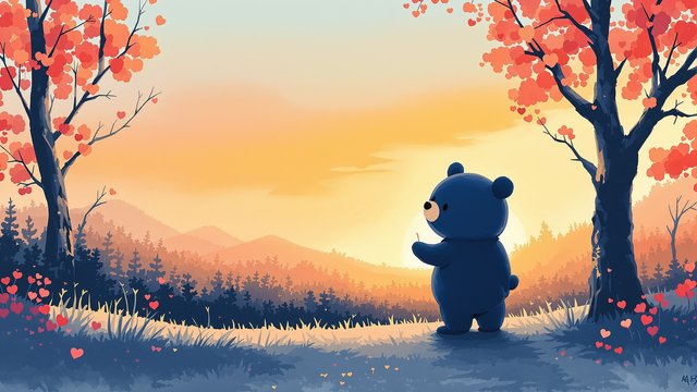 Cute Bear in Heart Tree Sunset Forest Wallpaper