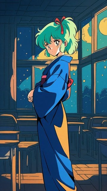 Anime Girl in Kimono Classroom Night