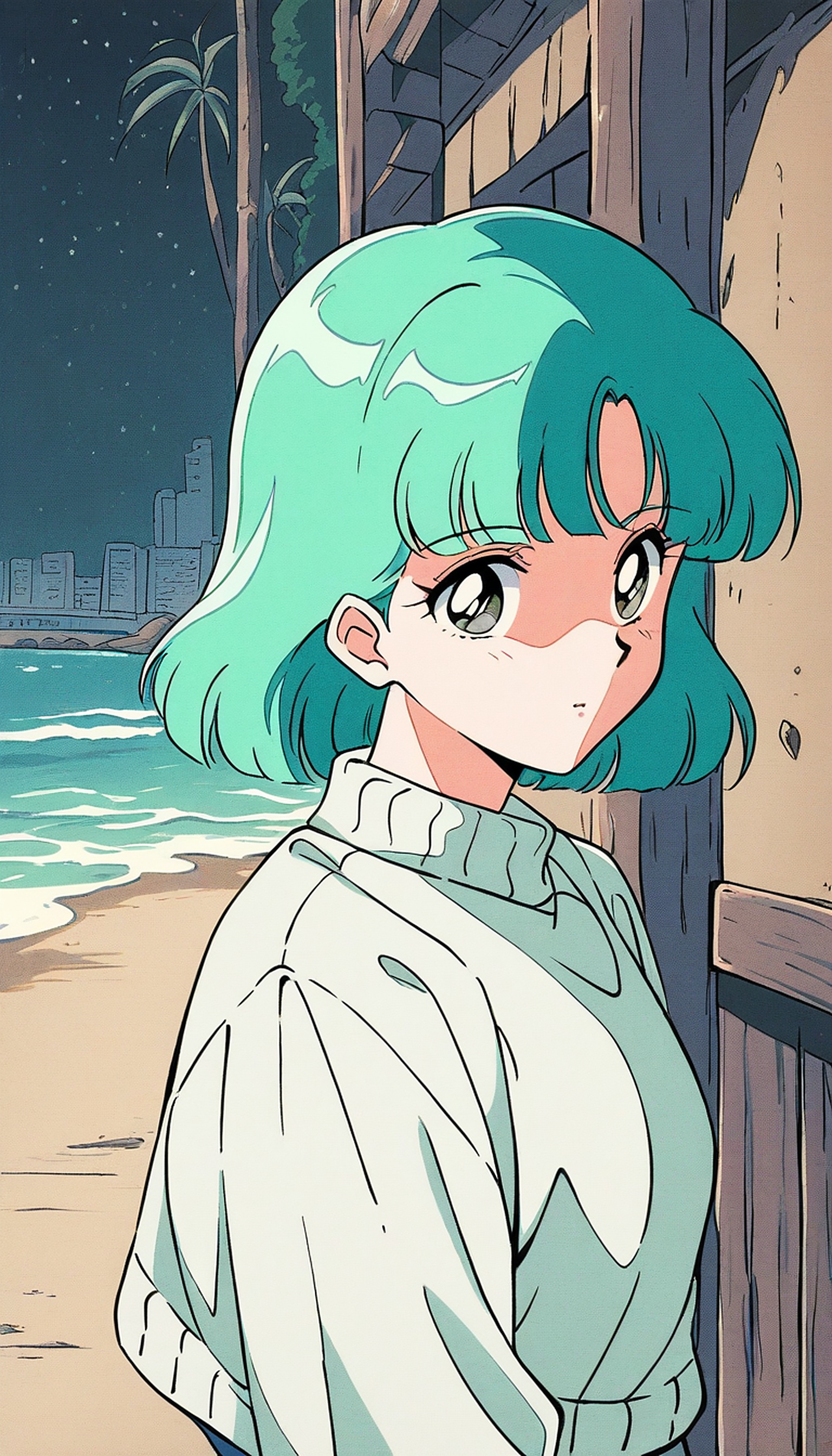 Anime Girl on Beach at Night Wallpaper, anime girl, beach night, teal hair, starry sky, city skyline, 90s anime