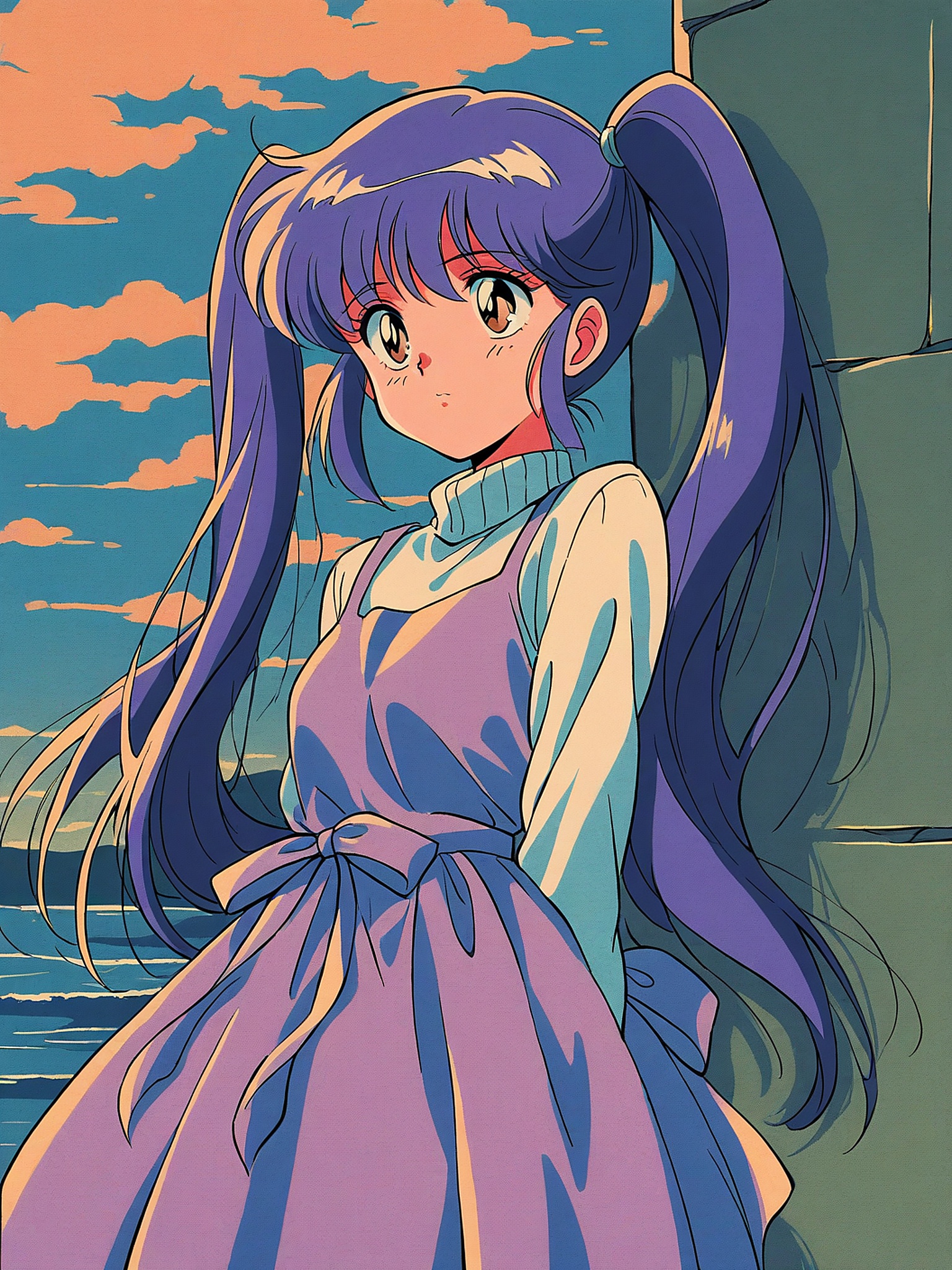 Retro Anime Girl at Sunset Phone Wallpaper, anime girl, retro anime, purple hair, sunset, nostalgic, cute