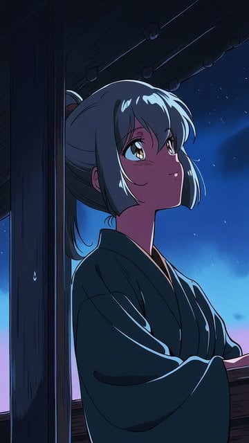 Anime Girl Stargazing Kimono Night Sky