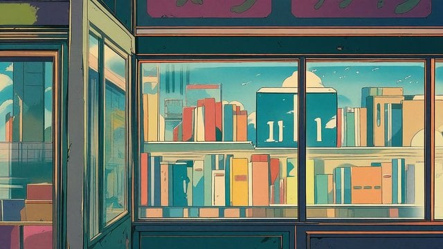 Anime Bookstore Window, Soft Day Sky