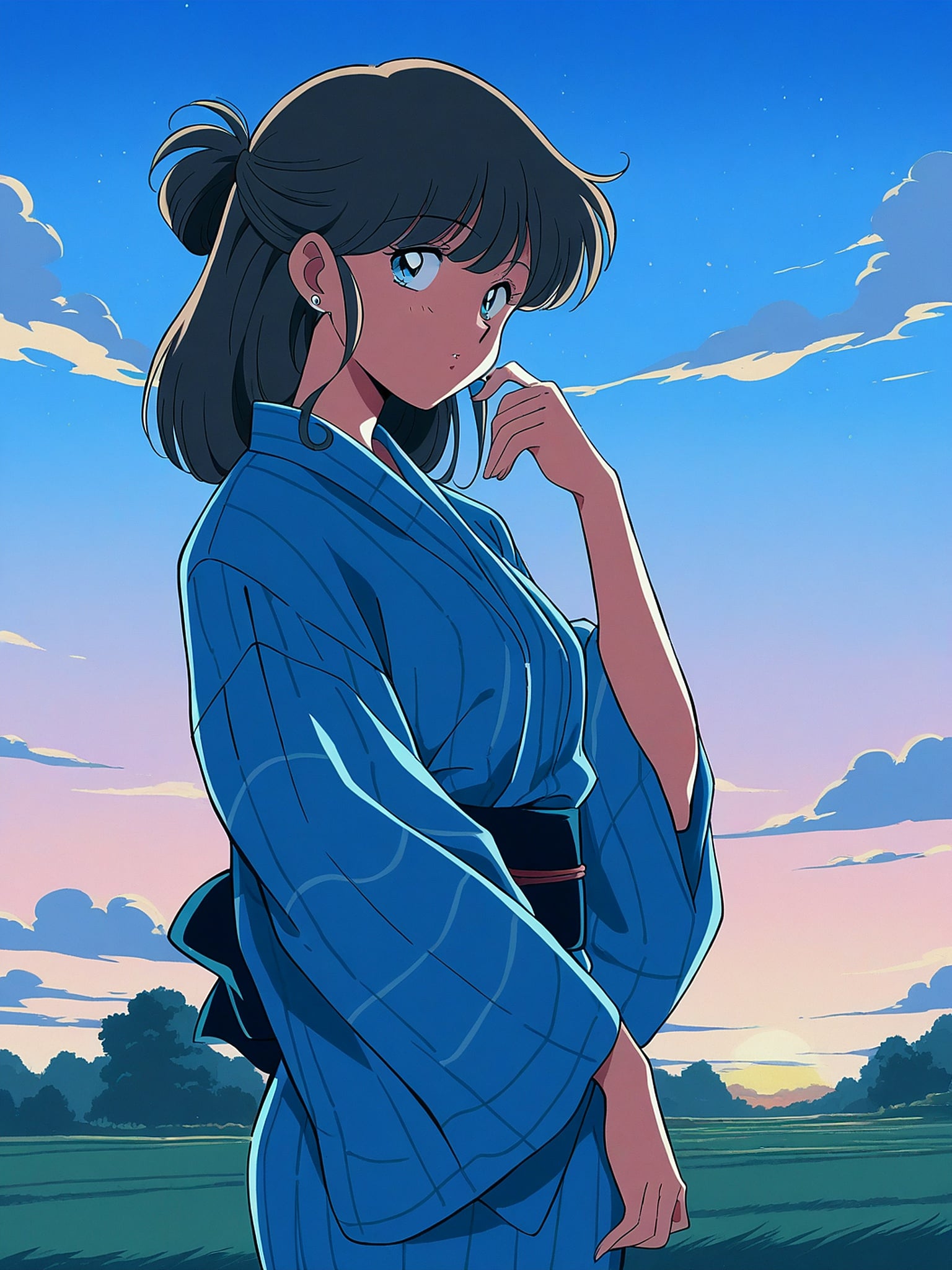 Anime Girl in Yukata at Sunset Field, anime girl, yukata, sunset, field, landscape, blue