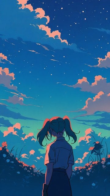 Anime Girl at Twilight with Pastel Clouds & Stars