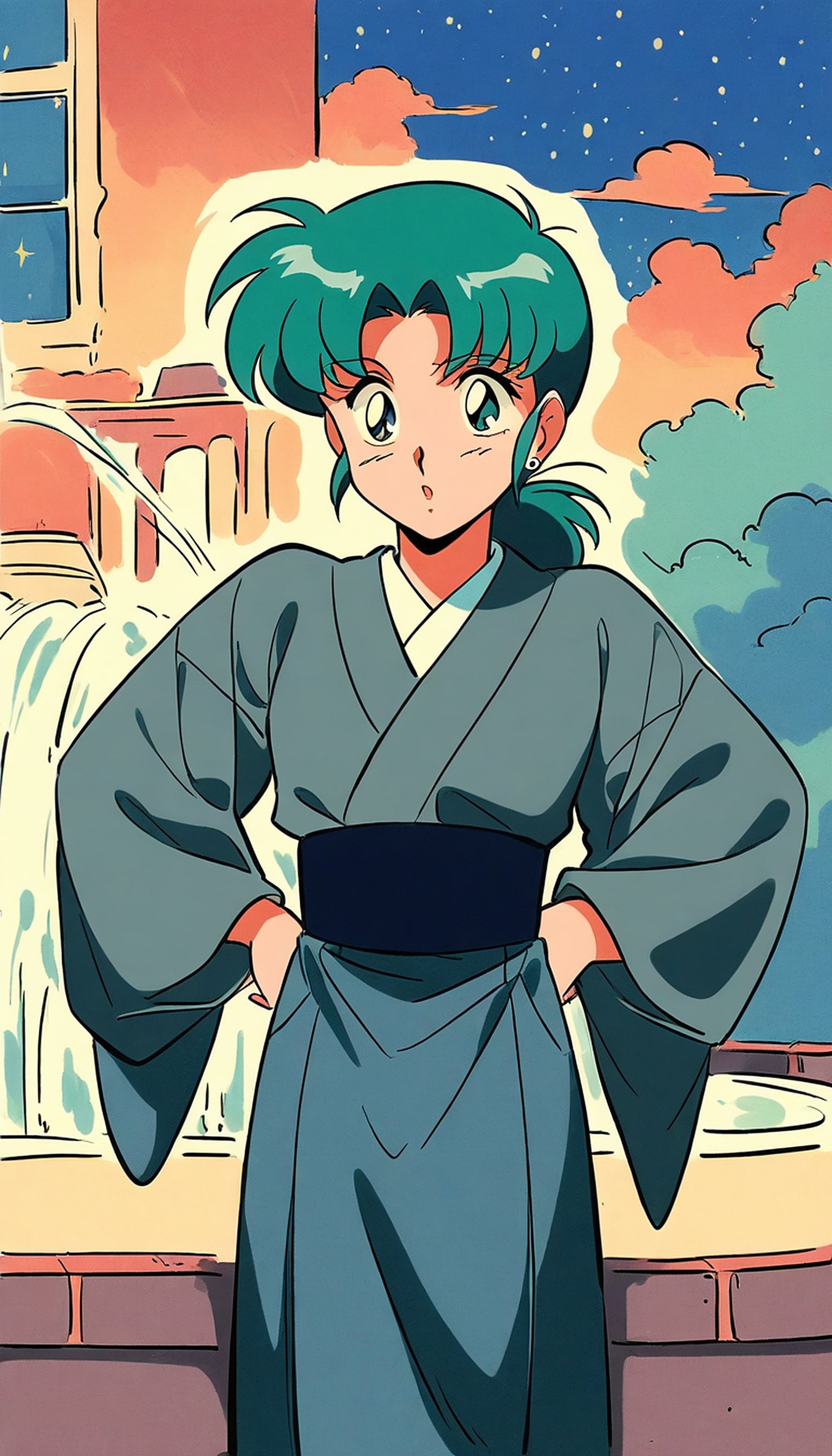 Anime Girl in Kimono at Night, Manga Style, anime girl, kimono, manga, teal hair, night sky, japanese style