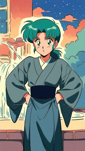 Anime Girl in Kimono at Night, Manga Style